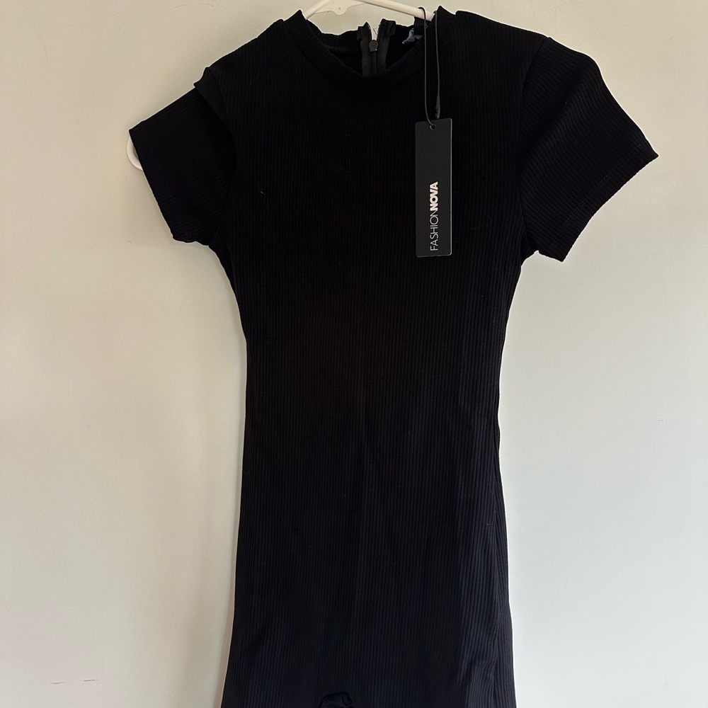 Fashion Nova Black Ribbed Shorts Bodysuit
